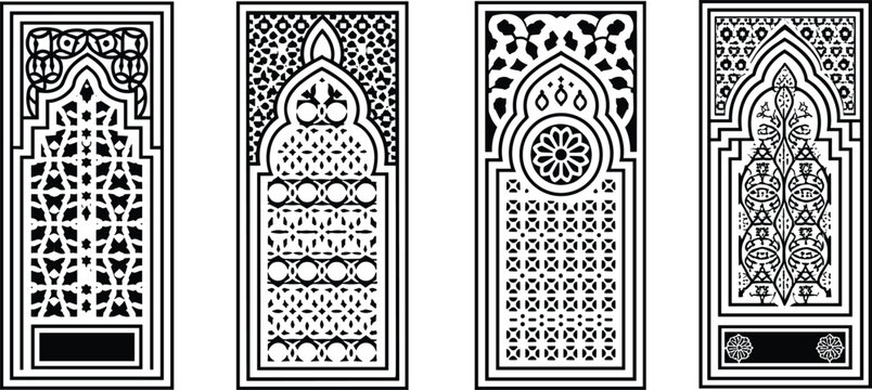 Islamic ornamental panels, Moorish geometric patterns, floral rosettes, arch motifs, decorative lattice design, black and white vector illustration