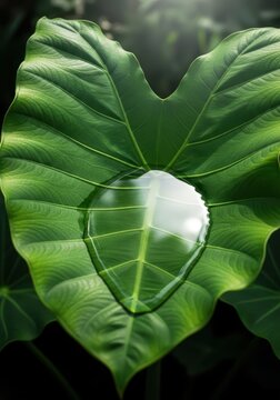 A large, textured green jungle leaf showing its concave surface, collecting pure rainwater like a natural bowl, structure, form, concave