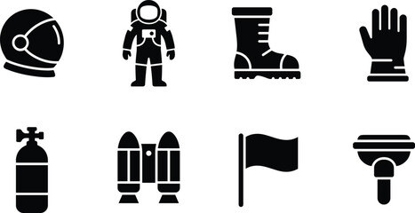 Black silhouette vector icons set of astronaut space exploration equipment featuring helmet cosmonaut boot glove oxygen tank jetpack and flag for science design © Khadija
