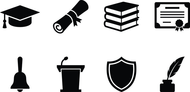 Black silhouette vector icons set representing education and graduation featuring a mortarboard diploma scroll stacked books certificate podium shield and quill pen