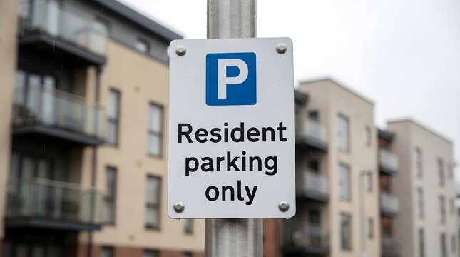 White metal resident parking only sign mounted on a silver pole against soft blurred apartments