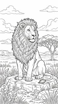 majestic lion sitting on a rock in savannah landscape