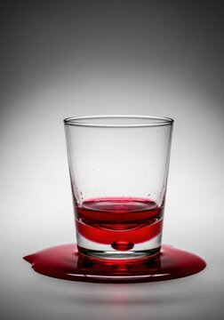 A tiny pool of red liquid coats the bottom of a transparent glass. The last drops of a beverage, symbolizing the end of a long night, vintage, finished, base