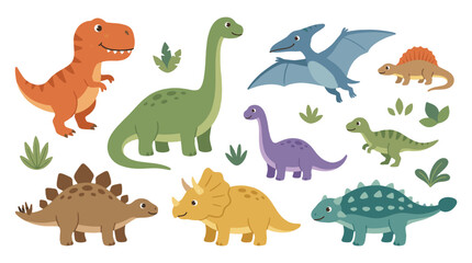 Naklejka premium Cute cartoon dinosaur set with flying reptile and leaves