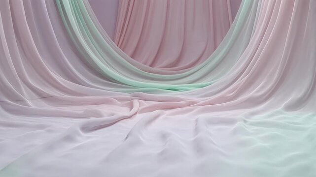 Soft flowing pastel silk fabric drapes and folds creating an elegant and serene visual aesthetic