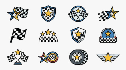 Naklejka premium Industrial Racing and Motorsport Achievements Iconic Badges and Emblems Collection with high professional line art symbols for modern creative design and digital branding projects