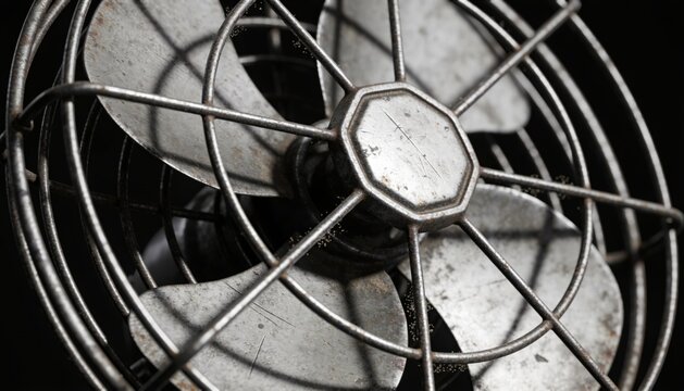 Vintage electric fan cage close up with dusty blades and black wire guard detail