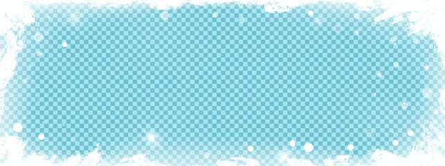 Fototapeta premium Soft frost frame with frozen ice and snow border. Cold crystal effect with spray texture and gentle shine on checkered background as png. Frosty clean vector frame overlay for Christmas promo card
