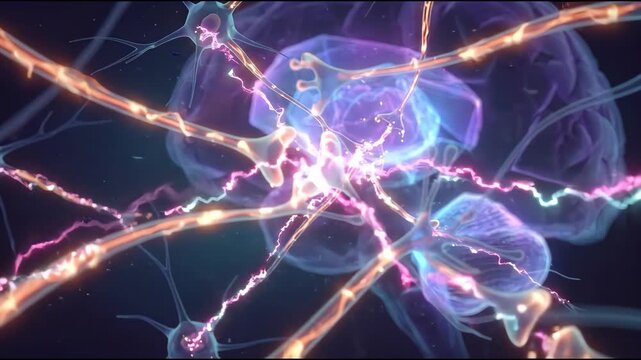 Animation of nerve transmission. Electrical impulses cross neurons. Synapses pass signals onward. Brain regions respond in sequence. Neurology and neuroscience in 3D animation