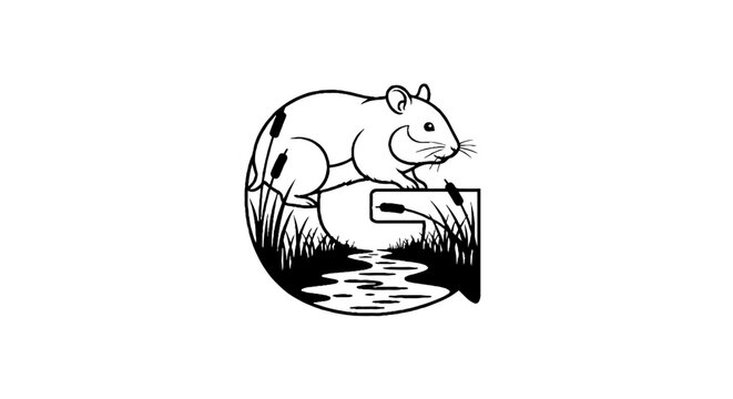 Illustrated hamster sitting on letter S near water.