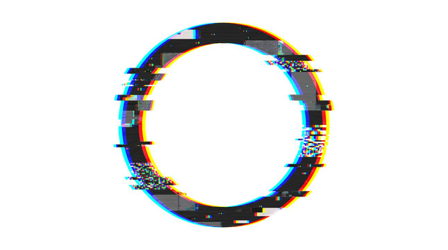 Glitch distorted letter O with digital interference effect