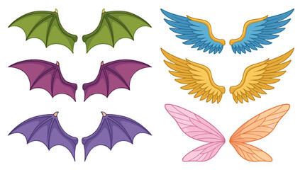 Obraz premium Set of cartoon fantasy wings in various colorful styles