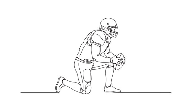 A continuous line drawing of an american football player kneeling on the field with a football.
