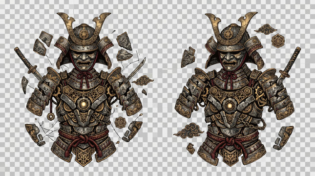 Detailed Japanese samurai warrior armor and helmet vector illustration with mechanical steampunk elements, gears, and floating armor fragments.