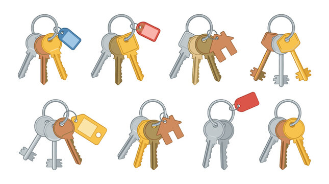 Set of key ring illustrations with assorted keys and tags
