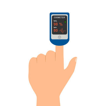 Black pulse oximeter on finger. Measurement of blood oxygen saturation and heart rate. Flat vector illustration