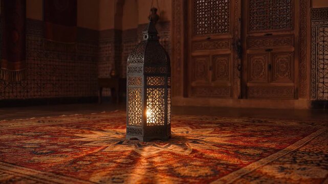 Ornate Traditional Moroccan Lantern Illuminating a Room with Intricate Metalwork