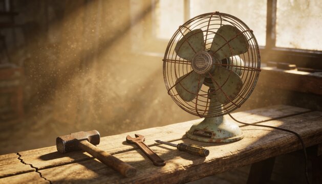 Vintage electric fan cage casting shadow on tools in golden workshop composition