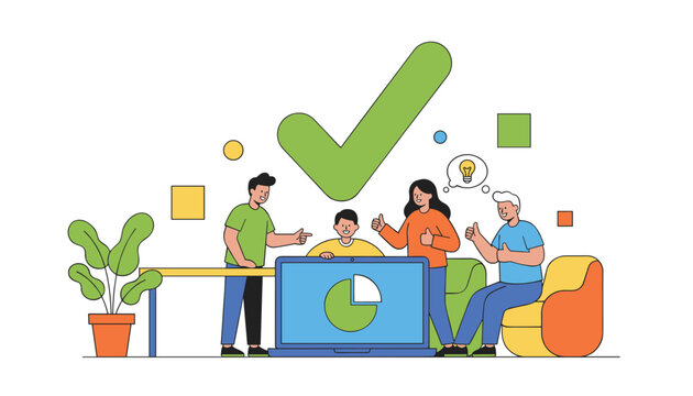 Successful diverse business team celebrates their approved project on a laptop with a giant green checkmark overhead.
