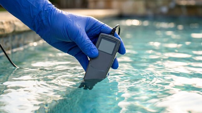 Hand wearing blue glove dips electronic water quality meter into clear pool water, testing and maintaining optimal chemical balance for safe recreational swimming.