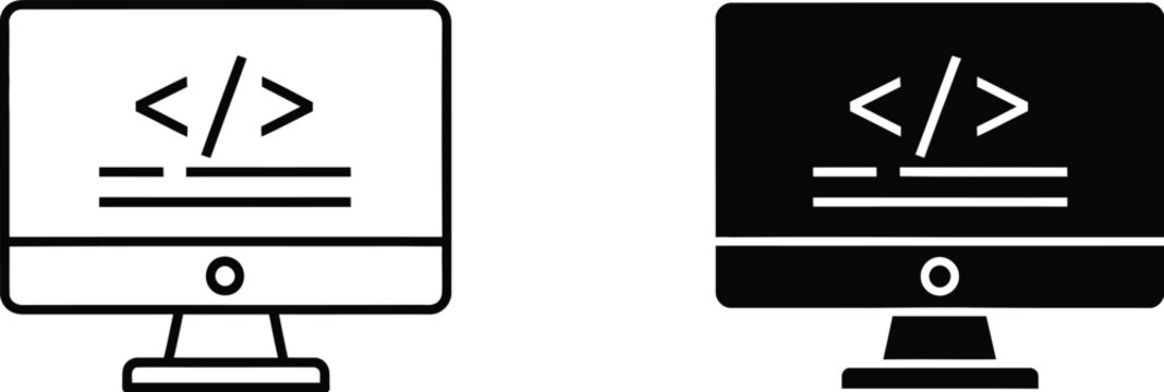 Two icons of a computer monitor displaying code symbols in both outline and solid fill styles
