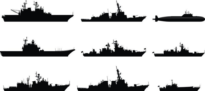 Collection of military warship and submarine silhouettes isolated on white background for naval design