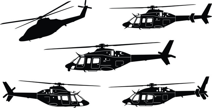 Helicopter silhouettes set from different angles isolated on white background for aviation design