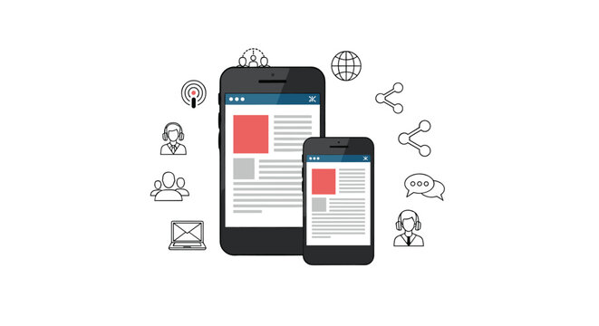 Illustration of a smartphone and tablet displaying content layouts surrounded by various communication and social media connection icons.