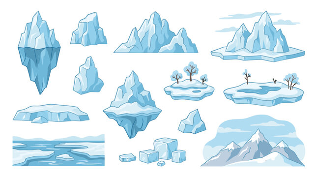 Set of cartoon icebergs, glaciers, and snowy mountain elements