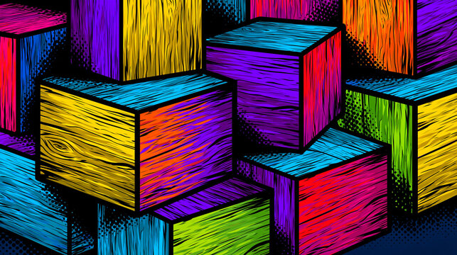Comic book stacked wooden cubes with bold neon colors and dynamic geometric pop art style