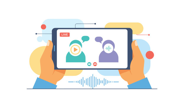 Hands holding a smartphone showing a live online video podcast conversation between two speakers with audio waveform.