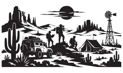 Obraz premium Desert Exploration Expedition Silhouette, adventure journey, arid landscape, vector, isolated on white