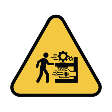 Machine crush hazard warning symbol, danger industrial equipment sign.