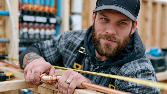 Licensed plumber securing copper pipe elbow fitting inside open wall cavity of residential bathroom rough-in, measuring tape stretched across stud bays, PEX manifold system and labeled shutoff valve