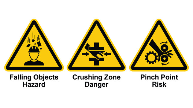 Three bright yellow triangular industrial safety warning signs featuring black graphical icons for falling objects crushing zones and pinch points isolated on a clean white background