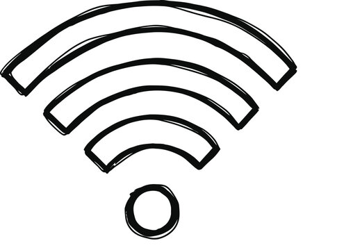 A hand drawn black sketch of the universal wireless fidelity signal symbol on a white background