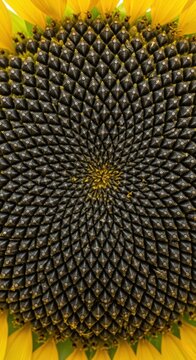 Extreme close-up of a large, mature sunflower seed head revealing the intricate spiral pattern of densely packed seeds ripe for picking and drying, cultivation, yellow, crop