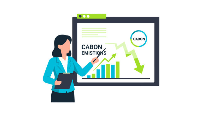 Businesswoman Presenting Carbon Emissions Reduction Strategy with Data Charts for ESG Sustainability