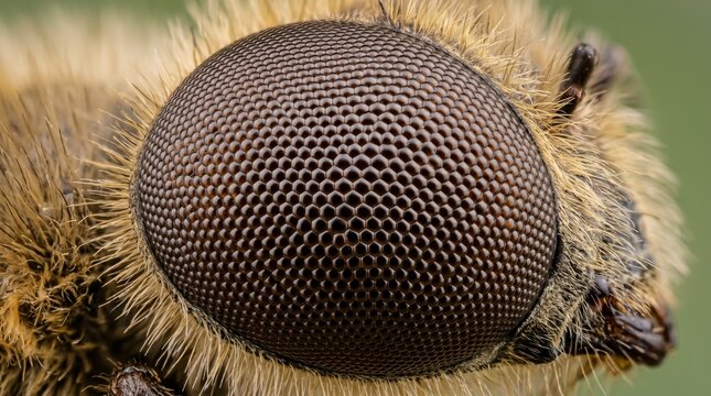 Close-up of Honey Bee Eye with Hexagonal Pattern on Fuzzy Body in Natural Light