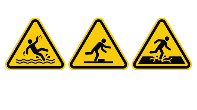 Three distinct yellow triangular warning signs featuring black pictograms depicting people slipping on wet floors tripping over small obstacles and falling through thin cracked fragile surfaces