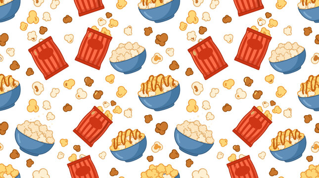Seamless popcorn snack pattern with bowls and red packets