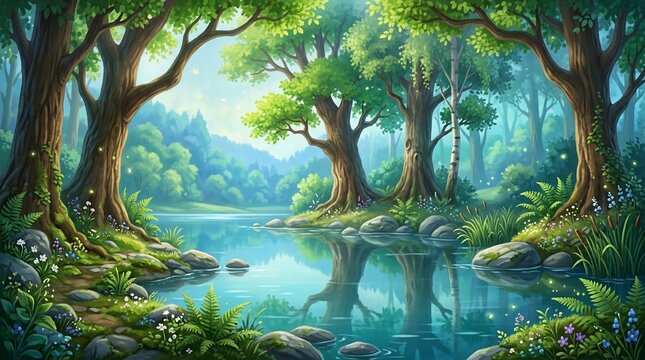 Serene forest lake with trees and flowers reflecting in calm water