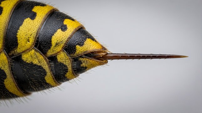 Macro close up of a wasp stinger extending from the yellow and black striped abdomen of a stinging insect in a detailed nature shot