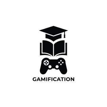 Gamification concept with graduation cap open book and video game controller silhouette on a white background game based learning edutainment