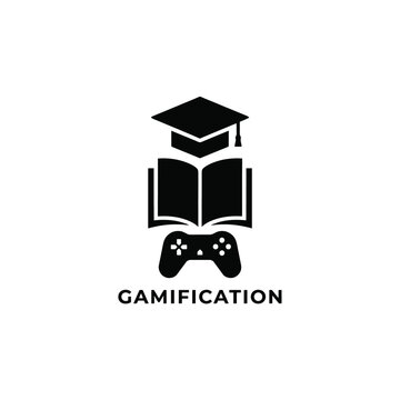 Gamification concept featuring a graduation cap open book and game controller silhouette on a white background game based learning edutainment