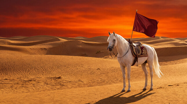 Majestic white Arabian horse with royal saddle holding a blank red flag in a vast desert under a dramatic dark red sky, conceptual representation of Zuljanah during Ashura Muharram	