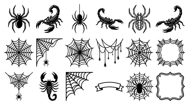Spiders scorpions and cobwebs icon set vector elements