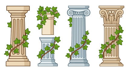 Naklejka premium Set of classical columns with climbing ivy vector illustration