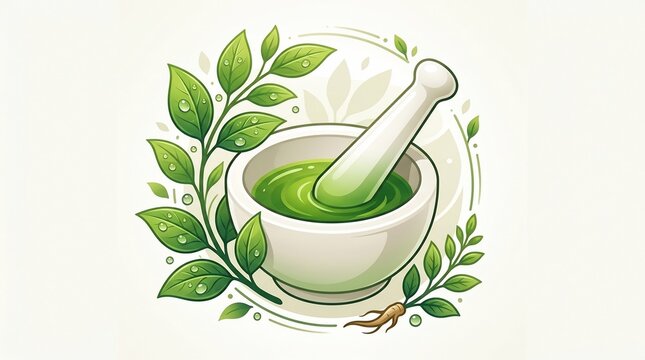 Herbal medicine mortar with green liquid and leaves