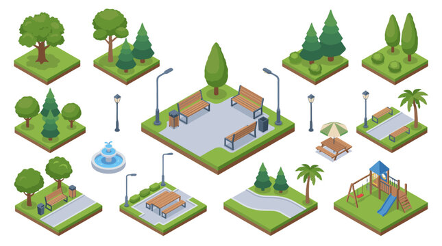 Isometric park elements set with benches trees fountain and playground